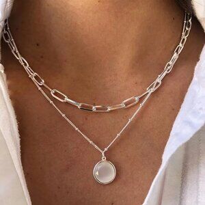 NEW Jace Silver Plated Milky Quartz Stacked Chain Pendant Necklace Set